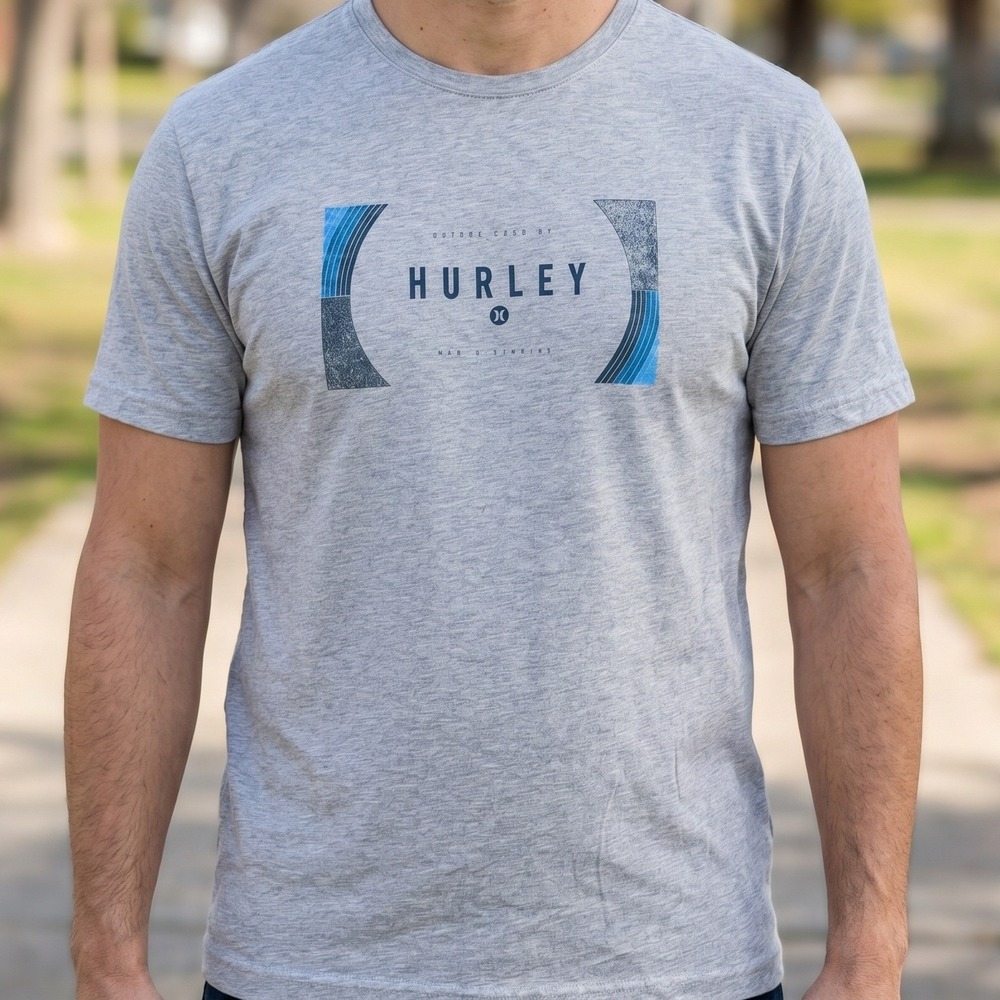 Hurley Mens Graphic T-Shirt Heather Grey Blue Logo Surf Skate Crew‎ Neck Tee